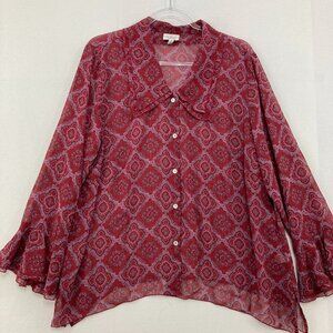 True‎ Beauty by Emme size 16 Burgundy Abstract Flare Sleeve Boho Chiffon Blouse